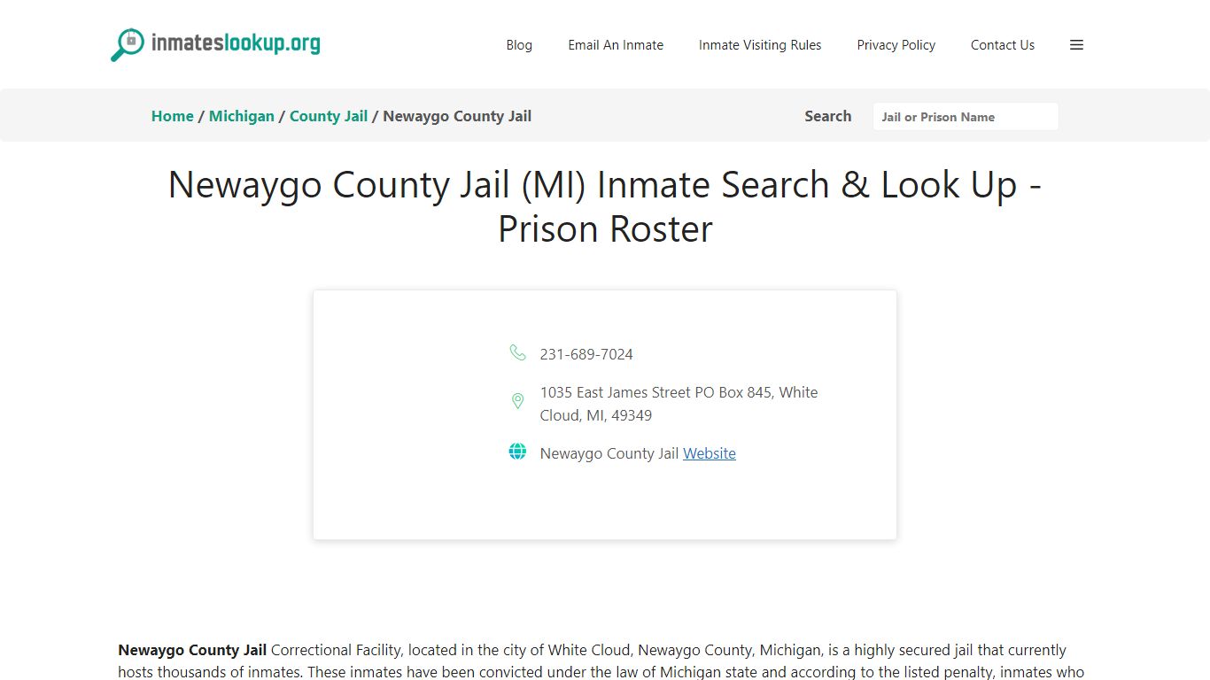 Newaygo County Jail (MI) Inmate Search & Look Up - Prison Roster